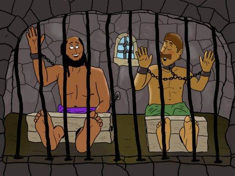 Paulus und Silas hatten Ketten an ihren Händen und ihr Füße waren in Blöcken befestigt. Dann begannen sie zum Erstaunen aller, Loblieder zu singen und Gott zu preisen. – Folie 18