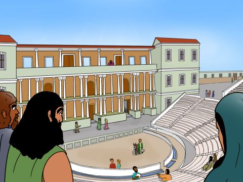 Ephesus war früher eine sehr große Stadt mit mehreren hunderttausend Einwohnern. Sie befand sich im Westen der heutigen Türkei. Sie verfügte über eines der größten Freilichttheater der Welt mit 25.000 Sitzplätzen. – Folie 1
