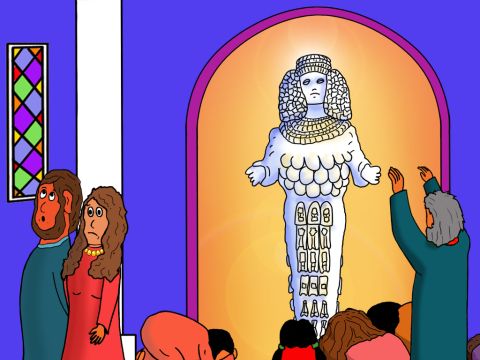Im Inneren beteten sie zu einer großen Statue, die die Göttin Diana genannt wurde. Dieser falschen Göttin wurden Geschenke aus Gold, Silber und Elfenbein dargebracht. – Folie 3