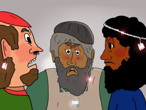 Auch die anderen Silberschmiede verloren Umsatz und waren alle sehr wütend. „Es ist dieser Prediger Paulus, wegen dem wir unser Geld verlieren. Er fordert die Menschen auf, die weltberühmte Göttin Diana zu ignorieren, deren großer Tempel sich hier in Ephesus befindet!” – Folie 22