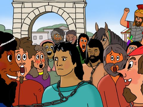 Schnell versammelten sie eine Menschenmenge, die rief: „Groß ist die Diana der Epheser.“ Die Menge wuchs schnell und sie nahmen zwei Christen namens Gaius und Aristarch als Gefangene und zwangen sie, ins Theater zu gehen. Sie suchten nach Paulus, konnten ihn aber nicht finden. – Folie 25