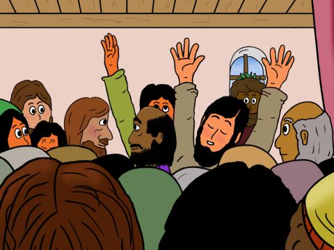 Paulus hörte, was passiert war. Er wollte ins Theater gehen, um von Jesus zu predigen und Gaius und Aristarch zu helfen, aber seine Freunde ließen ihn nicht. Es wäre zu gefährlich für Paulus und er könnte getötet werden. Die Christen beteten für Gaius und Aristarch. – Folie 27