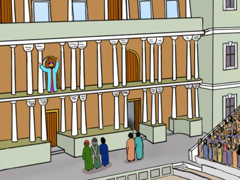 Der Stadtschreiber von Ephesus hörte den Lärm und betrat das Theater. Er befahl ihnen, still zu sein. „Männer von Ephesus“, sagte er, „jeder weiß, dass Ephesus das Zentrum der Verehrung der großen Diana ist, deren Bild vom Himmel zu uns herabgefallen ist. Da dies eine unbestreitbare Tatsache ist, sollte ihr euch nicht aufregen, egal was gesagt wird. Ihr solltet nichts Unüberlegtes tun.“ – Folie 30