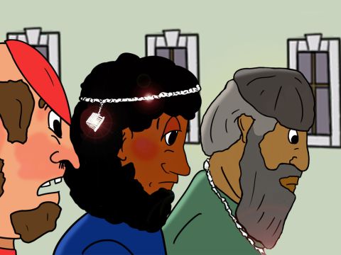 Also verließen alle schnell das Theater und diejenigen, die es am peinlichsten fanden, waren Demetrius und die anderen Silberschmiede, die sich alle sehr schämten. Sie mussten aufhören oder sie würden von der römischen Regierung wegen der Anstiftung zu einem Aufstand zur Rechenschaft gezogen werden. – Folie 32