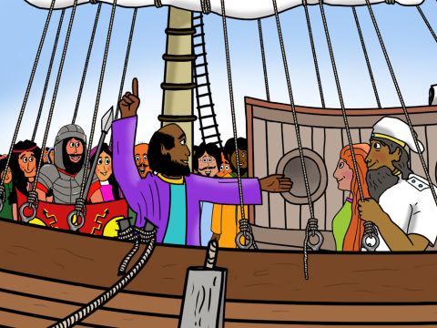 Sie erreichten einen geschützten Hafen auf der Insel Kreta namens „Guthafen“. Gott befahl Paulus, die 276 Reisenden, die mit ihm im Boot waren, zu warnen, dass, wenn sie während der Wintermonate nicht geschützt im Hafen blieben, ein großes Risiko von Stürmen, Schiffbruch und Verlust von Menschenleben bestehe. – Folie 2