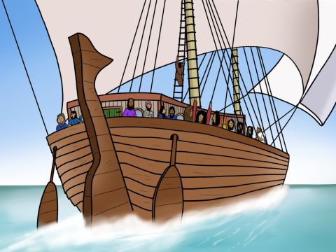 Die Matrosen hissten die Segel und das Schiff fuhr aufs offene Meer hinaus in Richtung Phoenix. – Folie 7