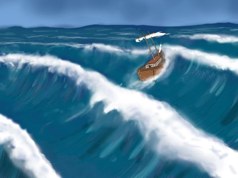 Plötzlich verursachte ein sehr starker Wind aus Nordost einen Sturm und brachte das Schiff vom Kurs ab. Die Wellen waren groß und mächtig. – Folie 10