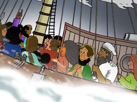 „Gott wird uns alle retten. Das Schiff wird untergehen, aber wir werden gerettet. Ich vertraue auf Gott, dass es so geschehen wird, wie er es mir gesagt hat.“ Alle Reisenden waren sehr froh. – Folie 15