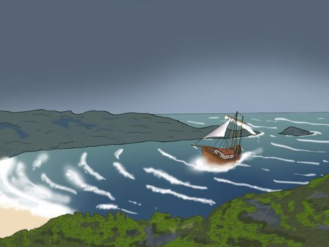 Das Schiff wurde auf eine Insel zu und in eine Bucht getrieben. Niemand wusste, wo sie waren. Plötzlich gab es einen gewaltigen Krach. – Folie 17