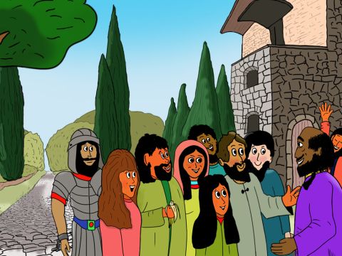 … doch plötzlich traf er mehrere christliche Freunde aus Rom, die etwa 70 Kilometer von Rom aus gelaufen waren, um Paulus zu treffen. (Der Ort hieß Forum Appi und war ein Marktplatz.) Als Paulus seine Freunde sah, dankte er Gott und fasste neuen Mut. – Folie 6