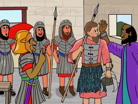 Paulus war sehr glücklich, dass er allen Soldaten von Jesus und Gottes Rettung erzählen konnte. – Folie 10