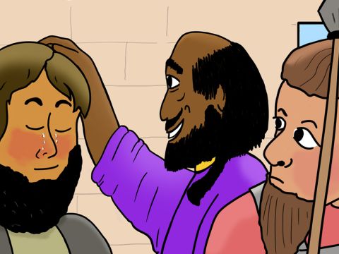 Irgendwie nahm Onesimus Kontakt zu Paulus auf, der unter Hausarrest stand. Paulus sprach mit Onesimus über Gottes Liebe und Jesu Vergebung. Onesimus wünschte sich sehnlichst ein neues Leben mit Jesus. – Folie 16