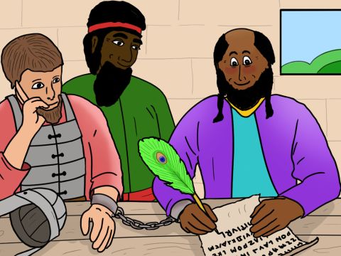 Als Epaphroditus bereit war, nach Philippi zurückzukehren, schrieb Paulus einen Brief an die dortige Gemeinde, in dem er sie ermutigte und sich für ihr Geschenk bedankte. – Folie 21