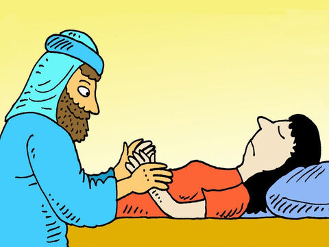 Jesus ging in das Zimmer, in dem das tote Mädchen lag. Er nahm ihre Hand und sagte: „Kleines Mädchen, ich sage dir, steht auf!” – Folie 6