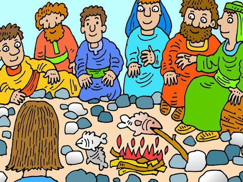 Kurze Zeit später kehrten sieben Jünger Jesu vom Fischen zurück und trafen auf Jesus, der auf einem Feuer am Strand Fisch briet, und sie frühstückten mit ihm. Jesus lebte wirklich. – Folie 6