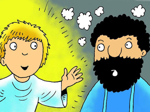 Der Zimmermann Josef lebte in der Stadt Nazareth. Eines Nachts sandte Gott den Engel Gabriel, um ihm zu sagen, dass das Baby, das Maria bekam, der versprochenen Sohn Gottes ist und dass er Maria heiraten und auf sie und ihr Baby aufpassen soll. – Folie 2