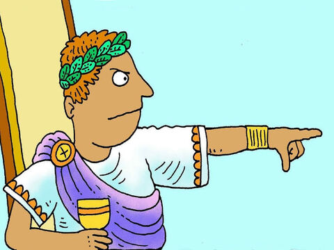 Der Kaiser Augustus wollte noch mehr Steuern. Deshalb machte er ein Gesetz, dass jeder in die Stadt seiner Vorfahren gehen sollte, um seinen Name in eine Liste einzutragen. Also musste Josef, der Zimmermann, nach Bethlehem gehen. – Folie 3