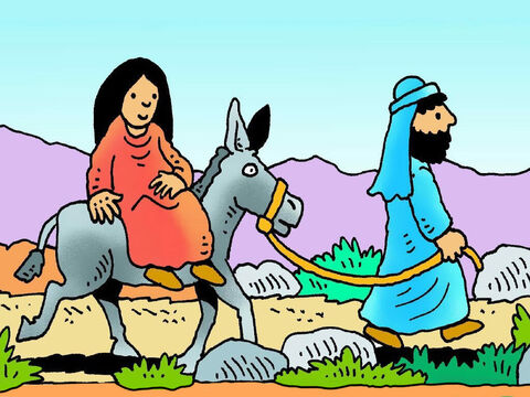 Sie brauchten drei Tage, um nach Bethlehem zu kommen. Maria ritt auf dem Rücken eines Esels. Es war ein holpriger Ritt und Maria war sicher sehr müde. – Folie 5