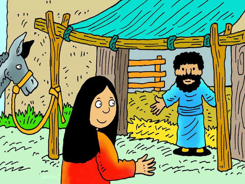 Es waren so viele Menschen gekommen, um ihre Namen in die Liste in Bethlehem einzutragen, dass es für Maria und Josef keinen Platz zum Bleiben gab, außer einem stinkenden Stall, in dem Tiere schliefen. – Folie 6