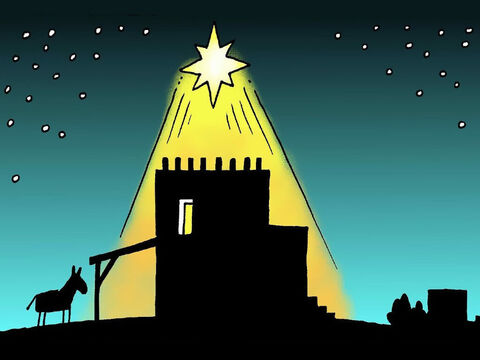 In dieser Nacht wurde das Baby Jesus, der versprochene Retter, in einem Stall in Bethlehem geboren. Ein großer heller Stern erschien am Himmel direkt über dem Ort, an dem er geboren wurde. – Folie 7
