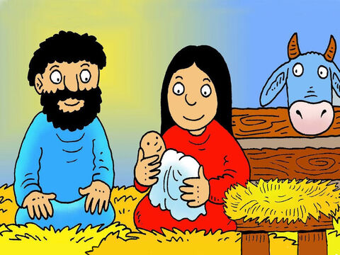 Josef und Maria nannten das Baby Jesus, genau wie der Engel Gabriel es ihnen gesagt hatte. Sie wickelten ihn in weiche Leinentücher und machten ihm ein Bett in einer Krippe voller Heu. – Folie 8
