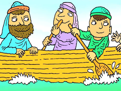 An einem schönen Abend stiegen Jesus und einige seiner Freunde in ein Boot, um über den See zu fahren. – Folie 2