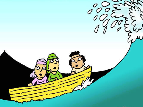 Der Wind begann, stärker zu wehen, und die Wellen wurden höher und höher. Das kleine Boot wippte auf und ab. Jesus Freunde bekamen Angst. – Folie 4