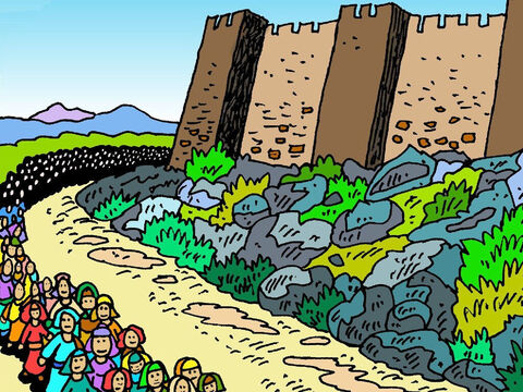 Sie sah, wie das Volk Israel direkt außen um die Stadtmauer herumlief, jeden Tag einmal, sechs Tage lang. – Folie 6