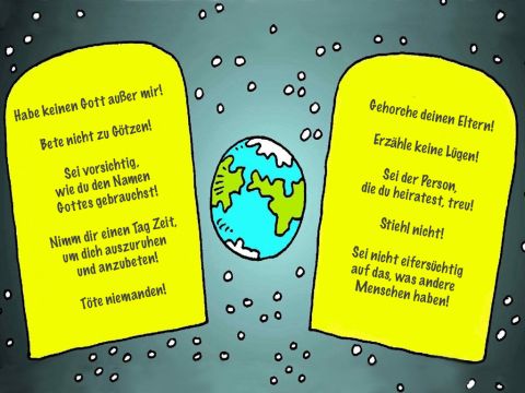 „Jetzt wissen sie, wie sie sich richtig verhalten sollen und wie sie ein gutes Leben leben können.” Gottes Gebote werden „die zehn Gebote” genannt. – Folie 6