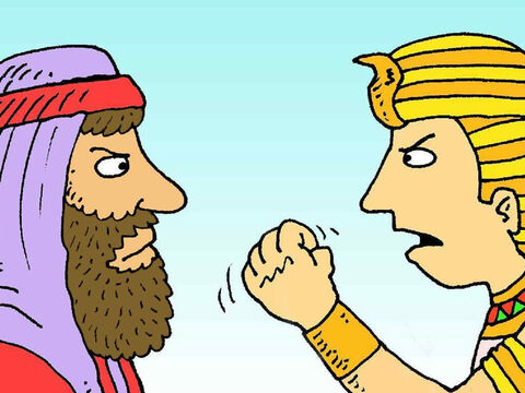 „Gott hat mich geschickt, dir zu sagen, du sollst Gottes Volk ziehen lassen”, sagte Mose zum Pharao. „Nein! Sie sind meine besten Arbeiter”, antwortete der Pharao, „Ich werde sie nicht gehen lassen.” – Folie 3