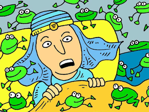 Aber Gott ließ König Pharao seine Meinung ändern. „Ich sollte dieses Volk besser ziehen lassen”, sagte er, „dann hören vielleicht all die schlimmen Plagen auf, die mir passieren.” – Folie 4