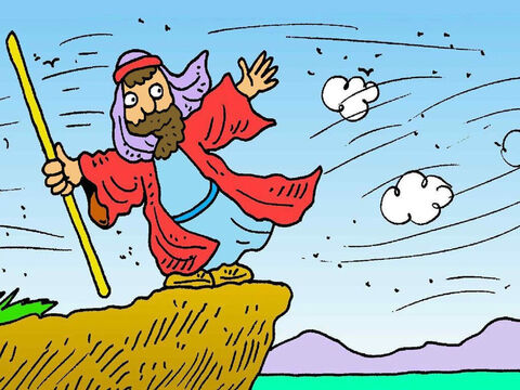 Da schickte Gott einen großen starken Wind. Er wehte einen Weg in das Meer hinein. Jeder konnte auf einem trockenen Weg bis zur anderen Seite laufen. – Folie 7