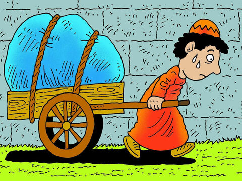 Stell dir einen Mann vor, der eine große, schwere Last zieht. Er möchte in Gottes Königreich auf der anderen Seite der Mauer kommen, aber er muss die Tür finden. – Folie 2