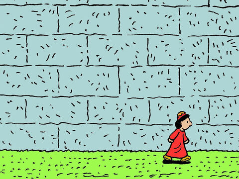 Der Mann beschließt, einen anderen Weg hinein zu suchen, aber es gibt keinen anderen Weg. Die Mauer geht immer weiter, aber es gibt nur eine kleine, schmale Tür. – Folie 6