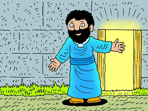 Jesus ist diese Tür – unser einziger Weg zu Gott. Er schenkt uns sein neues Leben und wir lassen unsere Vergangenheit hinter uns. Anstelle von Einsamkeit, Traurigkeit, Schuld und Angst schenkt er Vergebung, Liebe, Freude und Frieden. – Folie 8