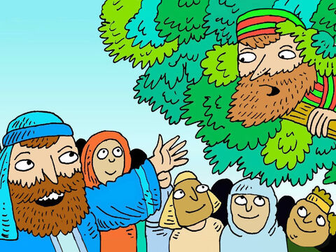 Jesus blieb unter dem Baum stehen und blickte auf. „Zachäus kommt herab“, sagte Jesus, „ich komme heute zu dir nach Hause.“ – Folie 5