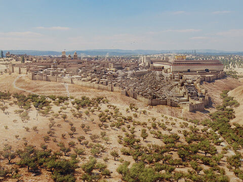 Ein Blick auf Jerusalem von Süden. Das Hinnom-Tal im Vordergrund und Kidron-Tal rechts. – Folie 1