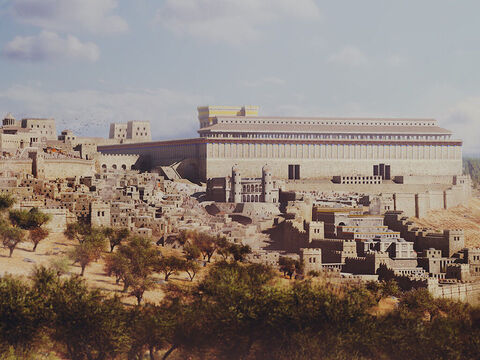 Im Vordergrund steht die Unterstadt Jerusalems, im Hintergrund die Südwand des Tempels. – Folie 2