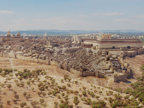 Eine weite Ansicht Jerusalems von Süden mit dem Hinnom-Tal im Vordergrund und dem Kidron-Tal auf der rechten Seite. Der Tempel befindet sich auf der rechten Seite und die Oberstadt, in der die Reichen lebten, liegt auf der linken Seite. An der nordwestlichen Ecke des Tempels sind die Türme der Burg Antonia abgebildet. – Folie 3