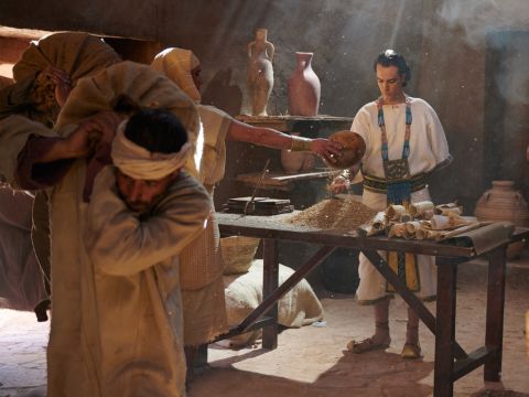 Die sieben Jahre des Überflusses in Ägypten gingen zu Ende. Dann begannen die sieben Jahre der Hungersnot, genau wie Josef es gesagt hatte. In allen anderen Ländern herrschte Hungersnot, aber in Ägypten gab es reichlich Nahrung. – Folie 1