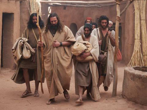 Also gingen zehn von Josefs Brüdern hinab, um in Ägypten Getreide zu kaufen. Josefs Bruder Benjamin blieb zu Hause, da Jakob ihn beschützen wollte. – Folie 4