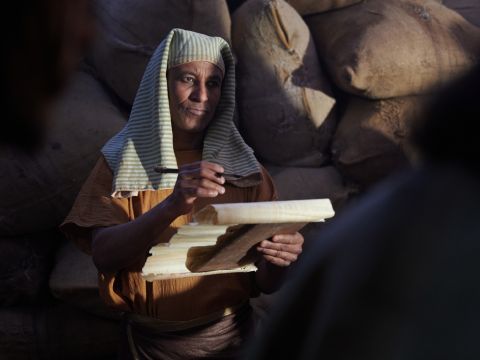 Sie kamen nach Ägypten, um Getreide zu kaufen, ohne zu wissen, dass Josef der Herrscher des Landes und für die Getreidevorräte verantwortlich war. – Folie 5