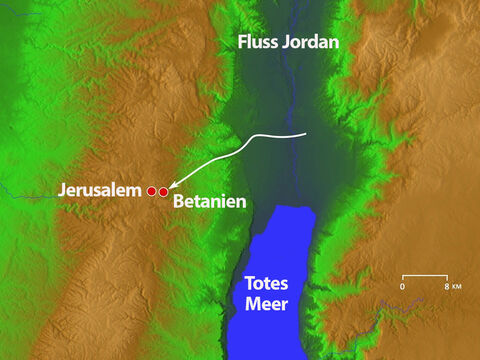 Von überallher waren Trauernde angereist. Als Martha hörte, dass Jesus kommen würde, ging sie ihm entgegen, Maria aber blieb zu Hause. – Folie 2