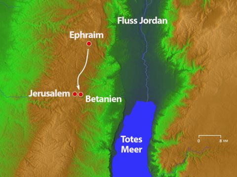 Sechs Tage vor dem Passah kamen sie in Bethanien in der Nähe von Jerusalem im Haus von Lazarus, Maria und Martha an. – Folie 14