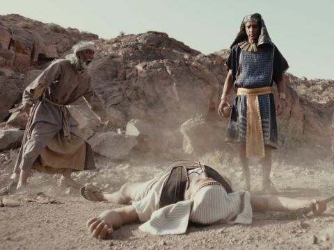 Als er sich umsah und niemanden sah, tötete er den Ägypter und verbarg ihn im Sand. – Folie 4