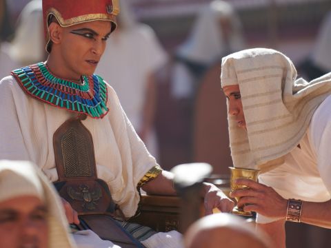 Da sagte der oberste Mundschenk zum Pharao: „Als ich im Gefängnis war, hatten sowohl dein Bäcker als auch ich Träume. Ein junger Hebräer, ein Diener des Hauptmanns der Wache, war mit uns im Gefängnis. Wir erzählten ihm unsere Träume, und er deutete sie uns. Alles, was er sagte, traf ein. Ich wurde wieder eingesetzt, aber der Bäcker wurde aufgehängt.“ – Folie 5