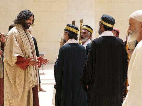 Jesus spricht zu ihnen: „Wenn ihr Abrahams Kinder wäret, so würdet ihr die Werke Abrahams tun; jetzt aber sucht ihr mich zu töten, einen Menschen, der ich euch die Wahrheit gesagt habe, die ich von Gott gehört habe; das hat Abraham nicht getan. Ihr tut die Werke eures Vaters.” – Folie 5