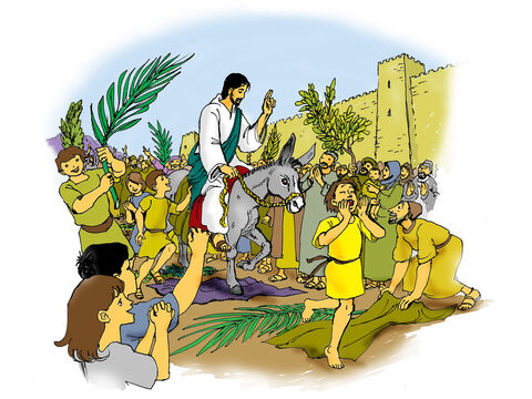 Als Jesus auf einen Esel nach Jerusalem einritt, riefen die Mengen „Hosanna” und begrüßten ihn. Aber als Jesus in den Tempel ging, der von den römischen Soldaten bewacht wurde, hörten die Erwachsenen auf, Jesus zu preisen und Palmwedel zu schwenken. Aber die Kinder hörten nicht auf, ihn zu preisen. – Folie 6