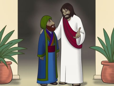 Jesus sagte zu Zachäus: „Heute bist du und deine Familie gerettet worden, weil du ein wahrer Sohn Abrahams bist. Der Menschensohn ist gekommen, um die Verlorenen zu suchen und zu retten.” – Folie 17