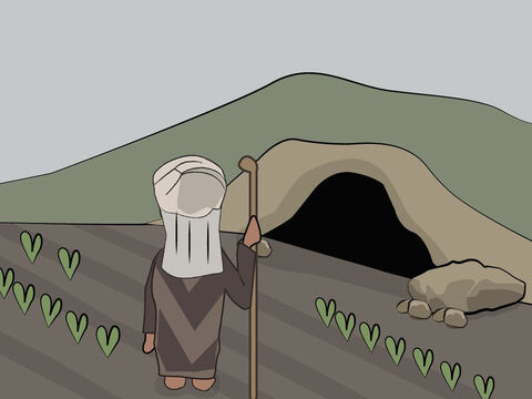 1. Mose 23:<br/>Sara stirbt und wird in einer Höhle auf dem Land begraben, das Abraham von den Hetitern gekauft hat. – Folie 14